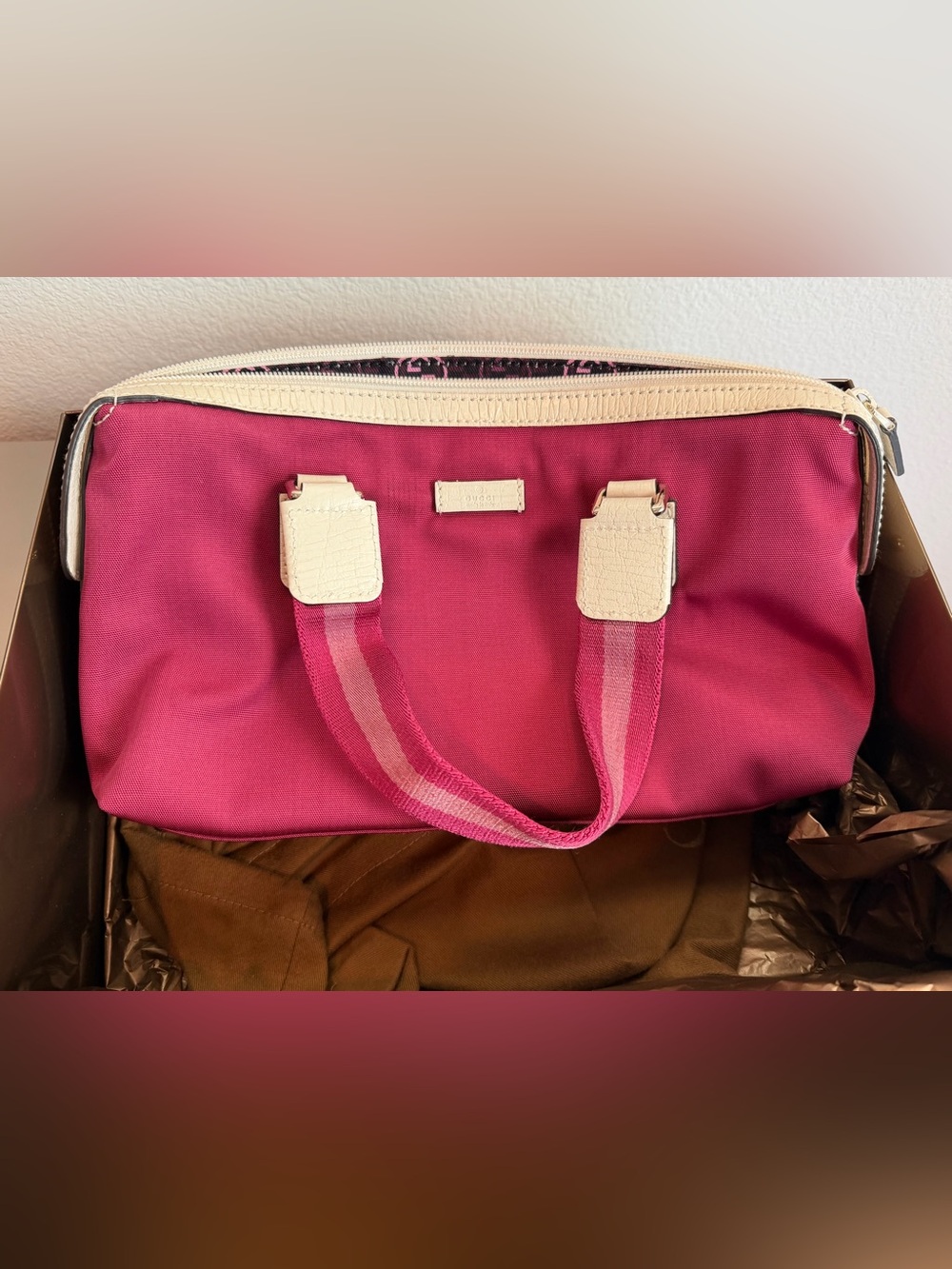 Gucci Pink Canvas Tote with Cream Leather Trim